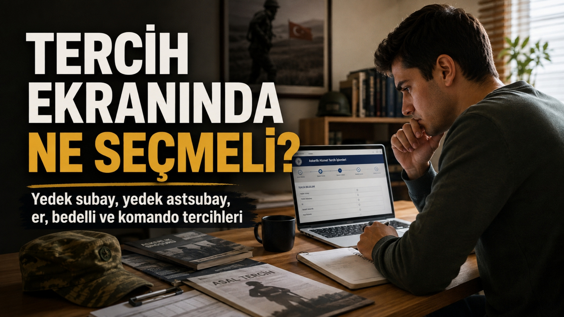 Dizüstü bilgisayarda askerlik hizmet tercihi ekranını inceleyen genç