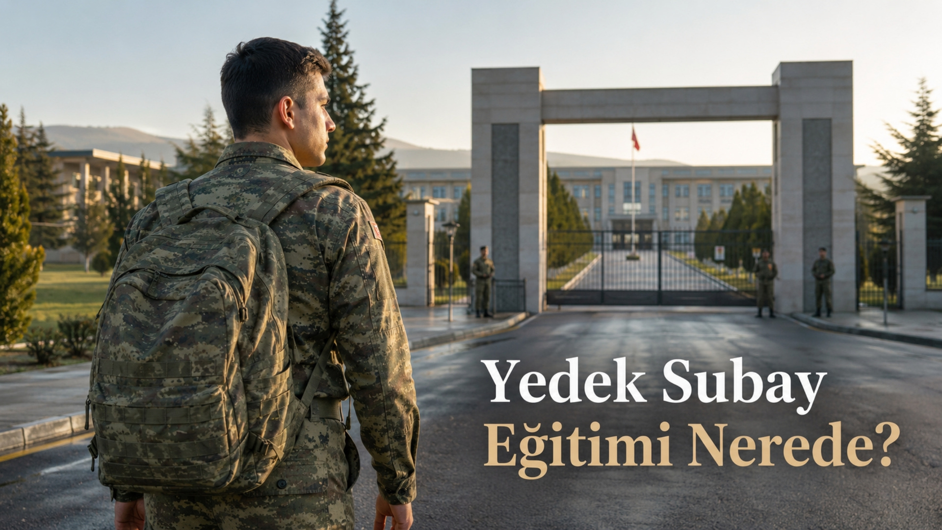 Sırt çantalı askerî personel eğitim birliği girişinde
