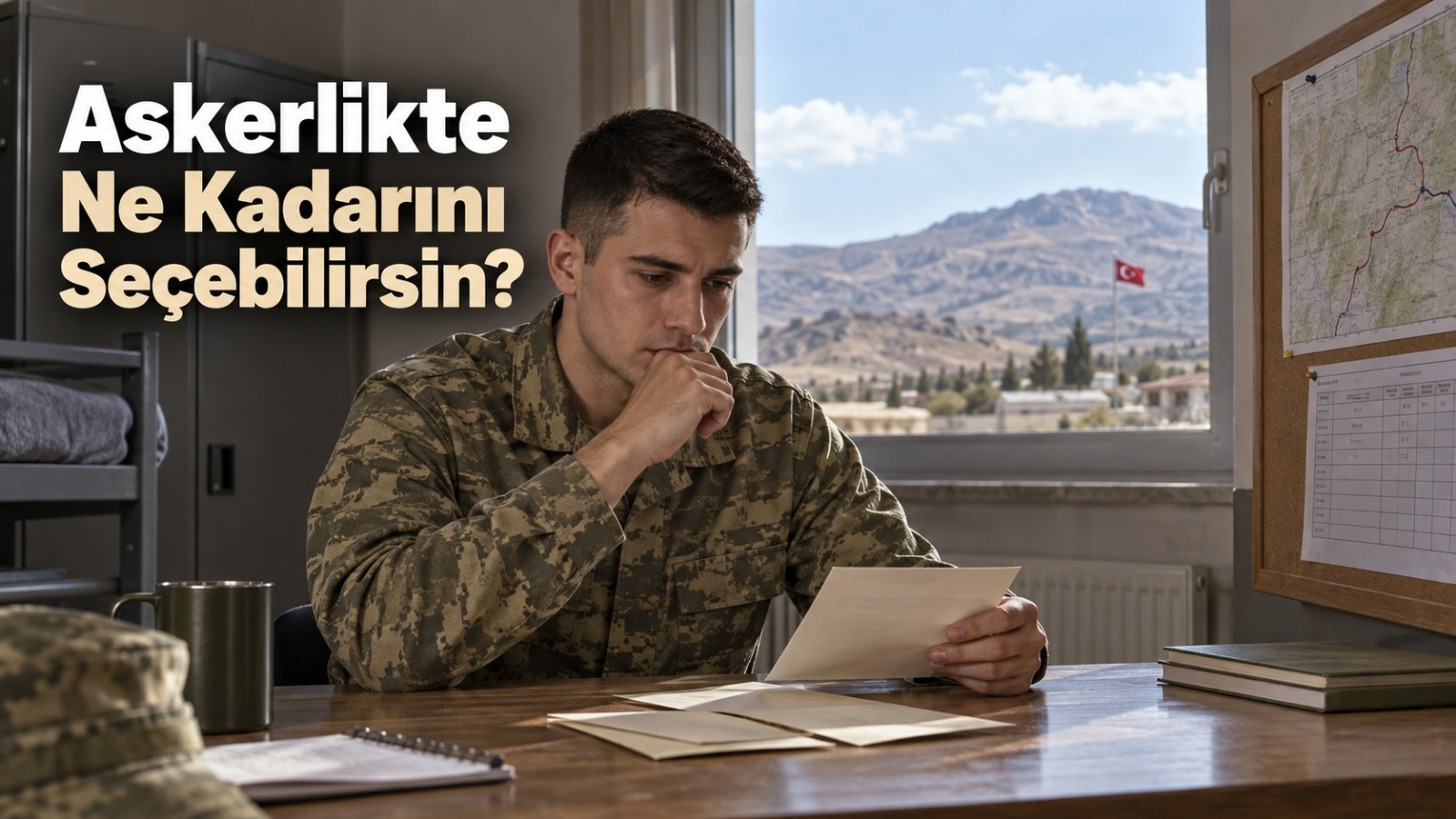 Kontrol edilemeyen görev koşulları ile kişinin kendi yaklaşımı arasındaki farkı temsil eden askerlik temalı editoryal görsel