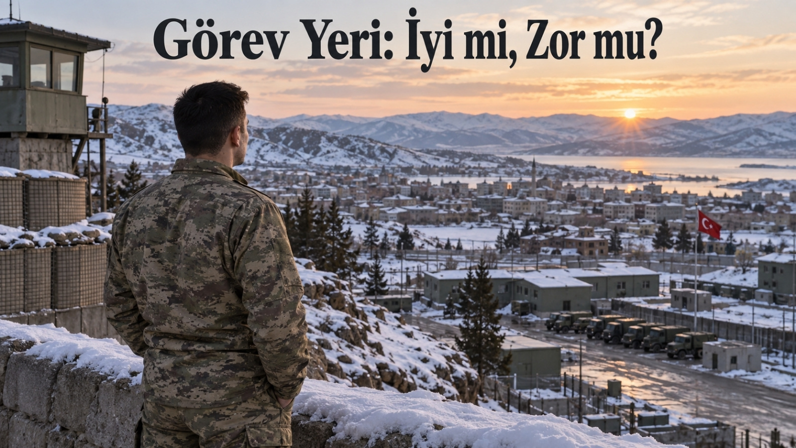 Aynı görev yerindeki olumlu ve zorlayıcı koşulları ve kişinin bu deneyime yaklaşımını temsil eden askerlik temalı editoryal görsel