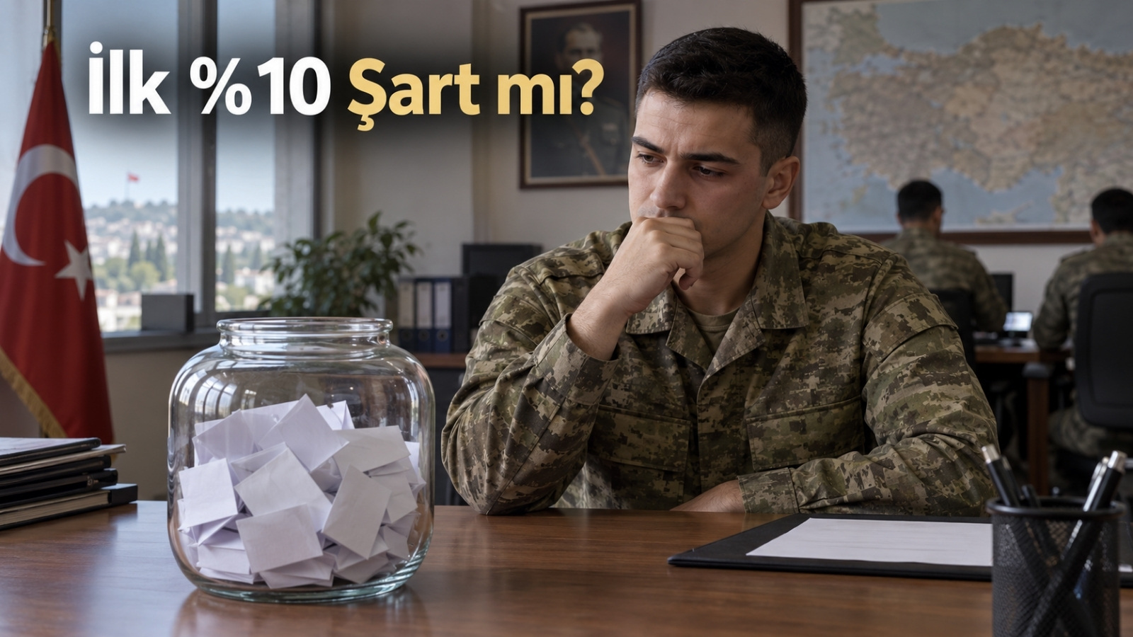 Yedek subay görev yeri kurasında başarı sıralaması ile belirsizlik arasındaki seçimi temsil eden askerlik temalı editoryal görsel