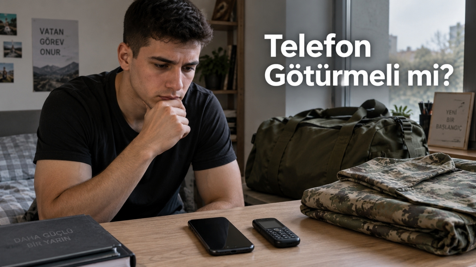 Askere akıllı telefon götürmemek ile birlik içindeki telefon kısıtlamaları ve dijital detoks deneyimi arasındaki tercihi temsil eden editoryal görsel