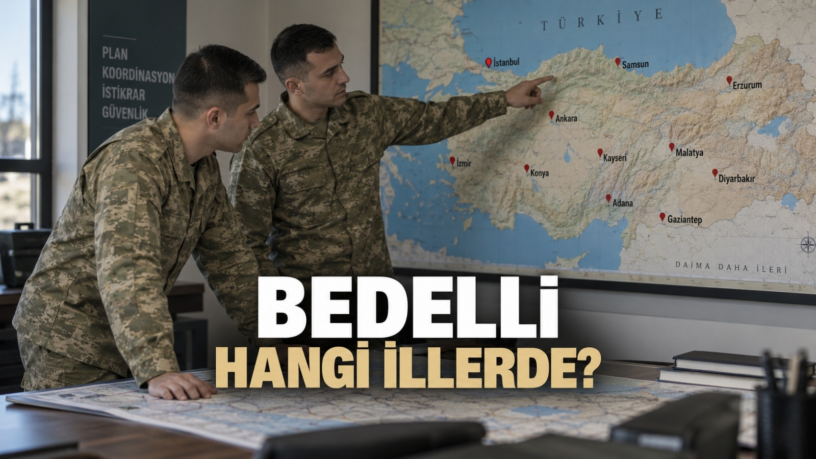 Türkiye'deki bedelli askerlik eğitim yerlerinin şehir ve eğitim birliği dağılımını temsil eden askerlik temalı editoryal görsel