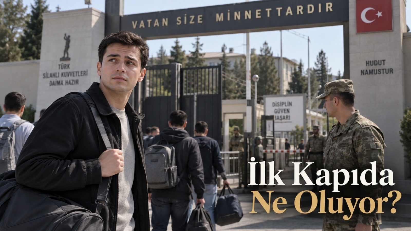 Askerî birliğe teslim olmadan önce giriş kapısında bekleyen ve ilk günün nasıl geçeceğini merak eden askerlik yükümlüsünü temsil eden gerçekçi editoryal görsel
