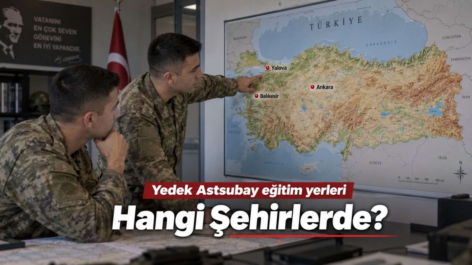 Ankara, Balıkesir ve Yalova'daki yedek astsubay eğitim birliklerinin Türkiye üzerindeki dağılımını temsil eden askerlik temalı editoryal görsel