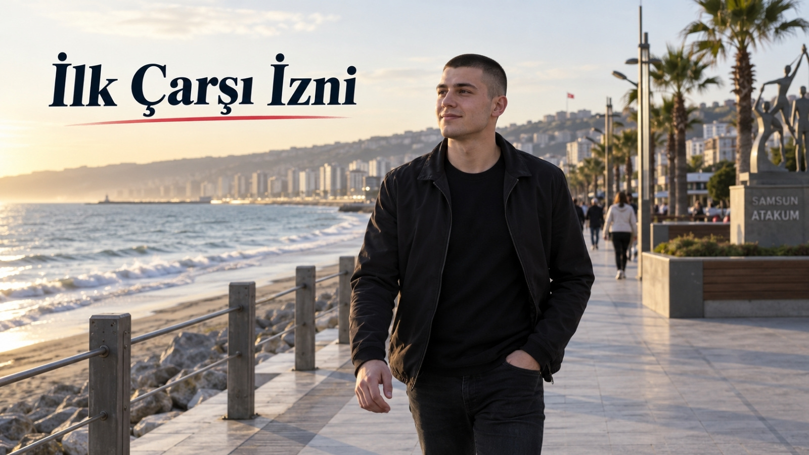 Yemin töreni sonrasında Samsun Atakum sahilinde şehir hayatına yeniden karışan bir askerlik deneyimini temsil eden editoryal görsel