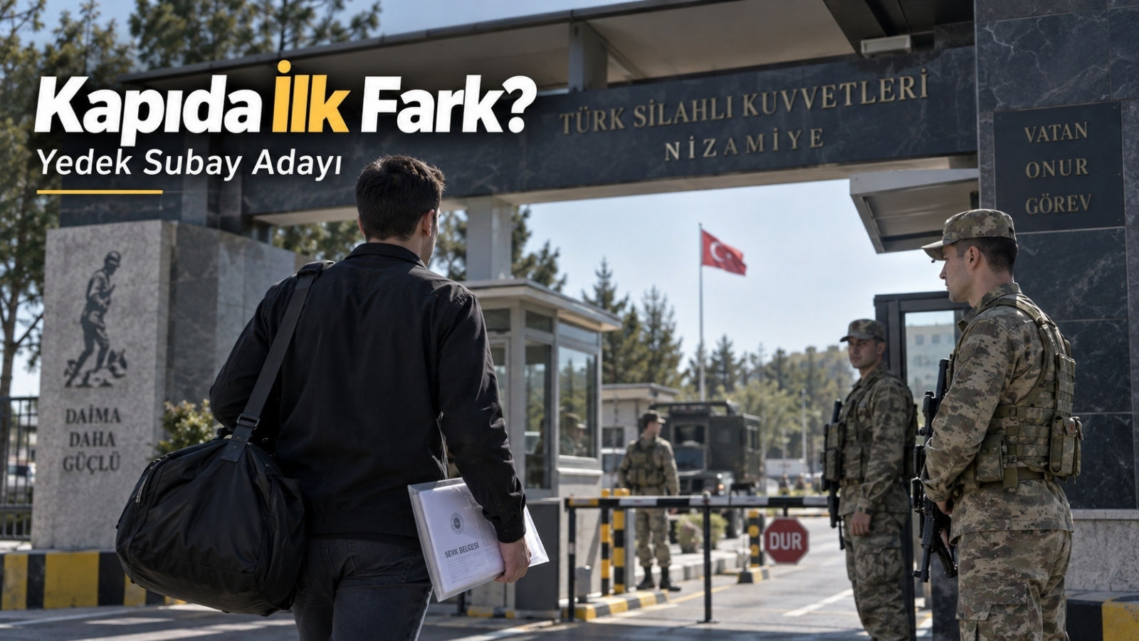 Yedek subay adayı olarak askerî birliğin girişinde çanta kontrolü ve teslim işlemleri için bekleyen askerlik yükümlüsünü gösteren gerçekçi editoryal görsel