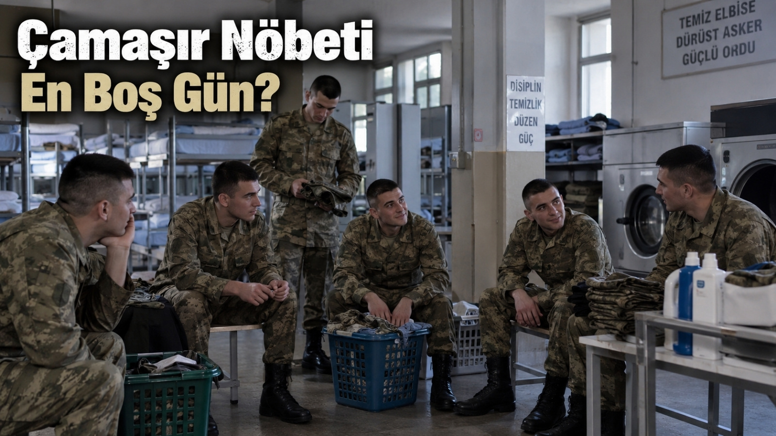 Acemiliğin sonunda çamaşır görevi sırasında uzun süre birlikte bekleyen ve sohbet eden Türk asker adaylarını temsil eden editoryal görsel
