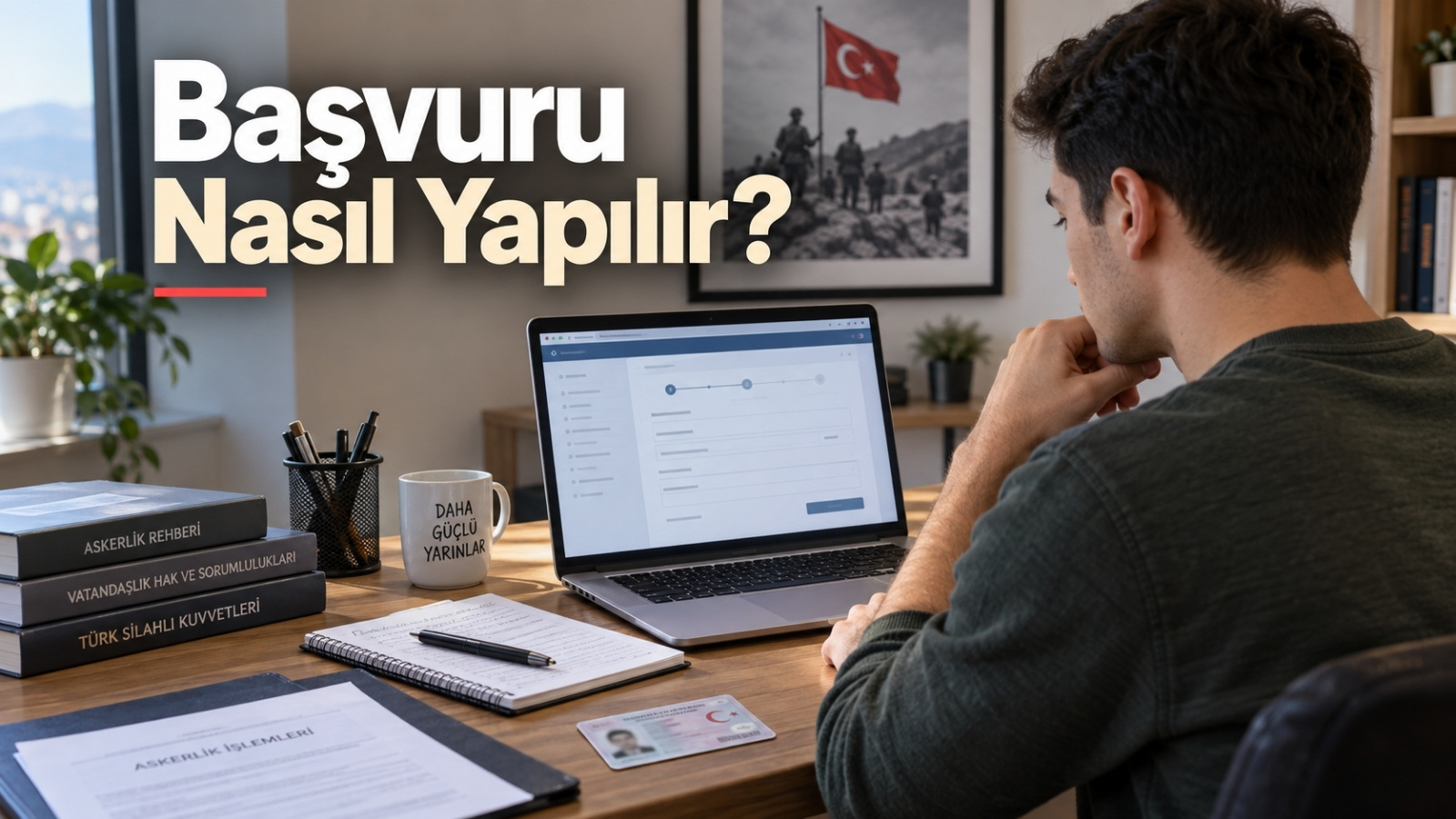 e-Devlet üzerinden askerlik yoklama başvurusundan sağlık muayenesi, hizmet tercihi ve sevk belgesine uzanan başvuru sürecini temsil eden editoryal görsel