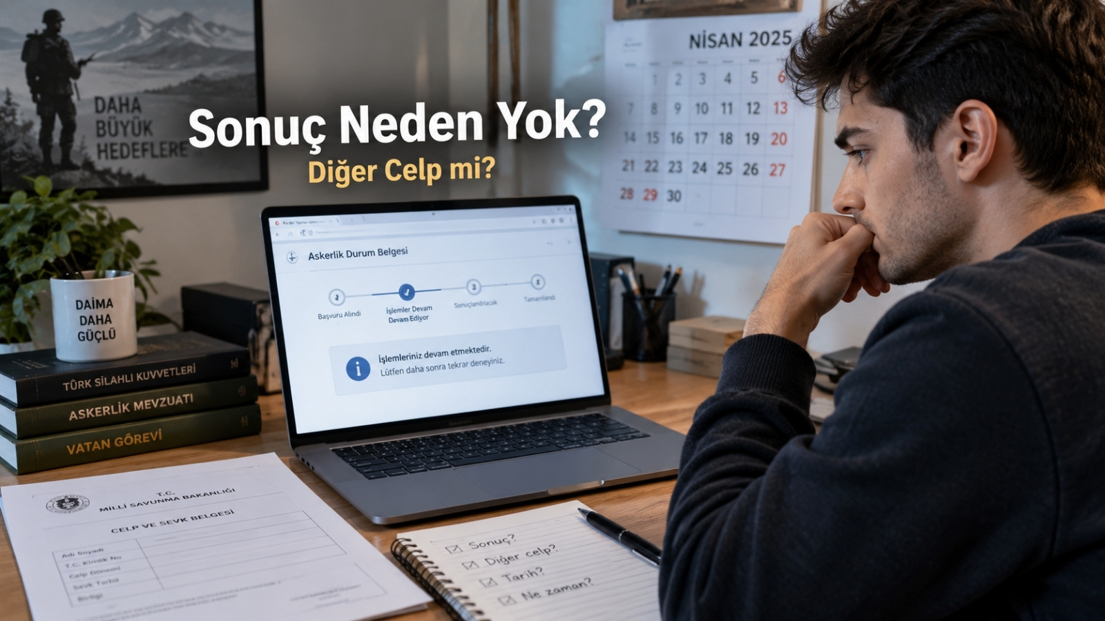 Askerlik sınıflandırma sonucunu göremediği için celp ve sevk dönemlerini bilgisayar üzerinden kontrol eden askerlik yükümlüsünü gösteren gerçekçi editoryal görsel