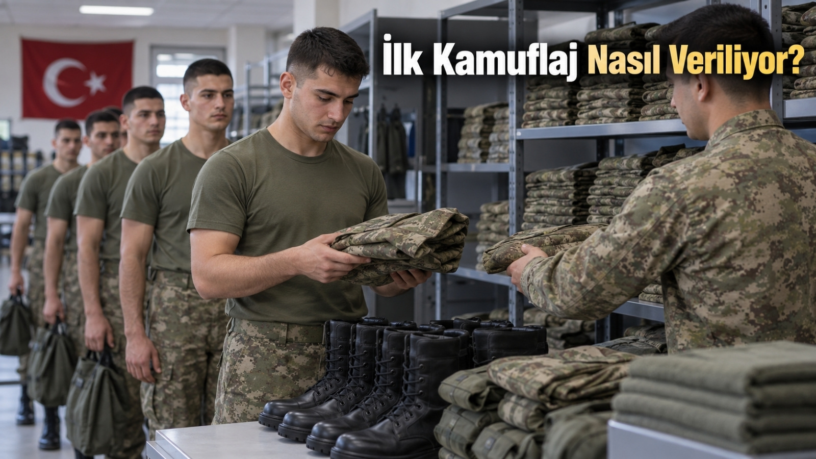 Askerliğin ilk günlerinde rütbesiz yükümlülere bedenlerine uygun kamuflaj ve temel askerî kıyafetlerin dağıtılmasını gösteren gerçekçi editoryal görsel