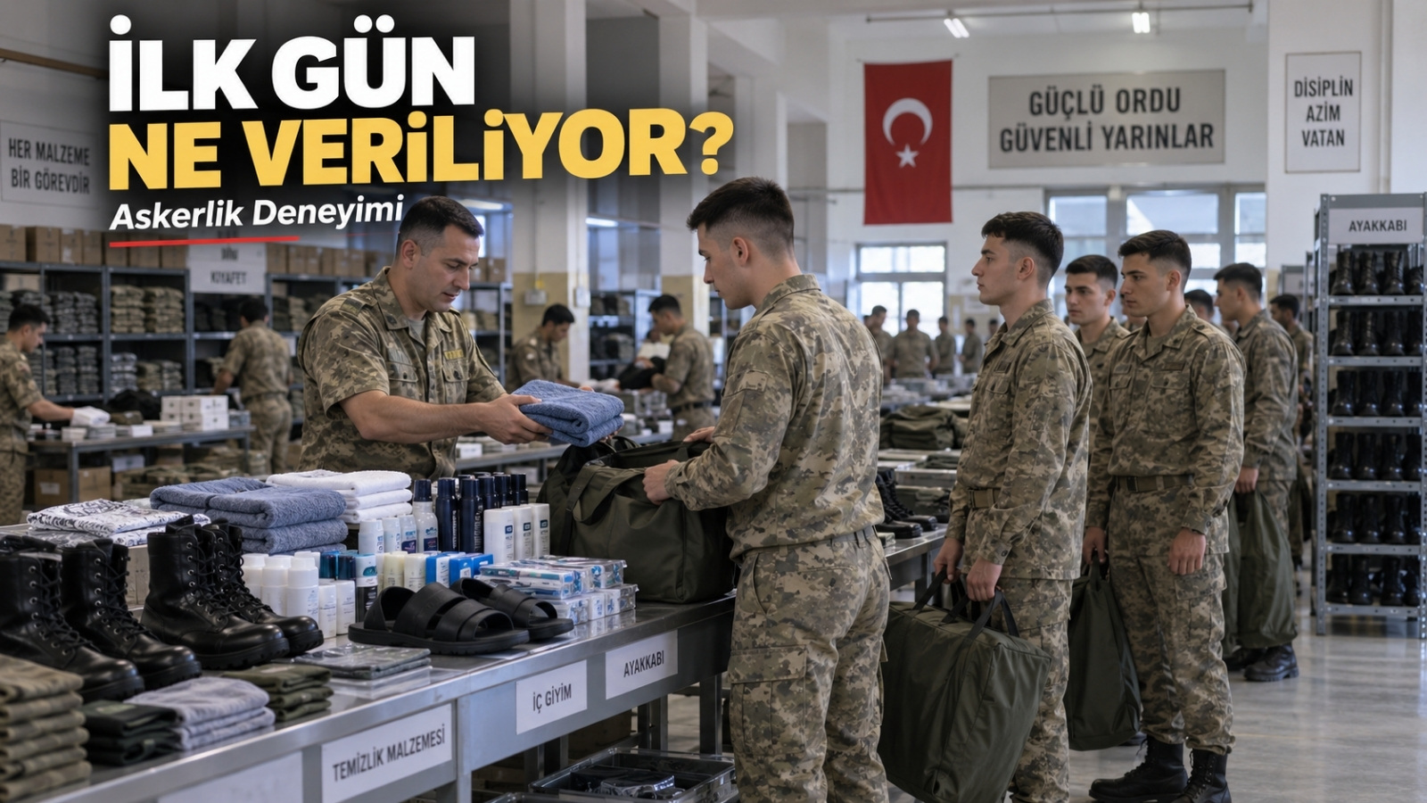 Askerliğin ilk günlerinde malzeme dağıtım alanında büyük taşıma çantasına temel ihtiyaçlarını, botunu ve diğer askerî malzemelerini alan rütbesiz askerlik yükümlülerini gösteren editoryal görsel