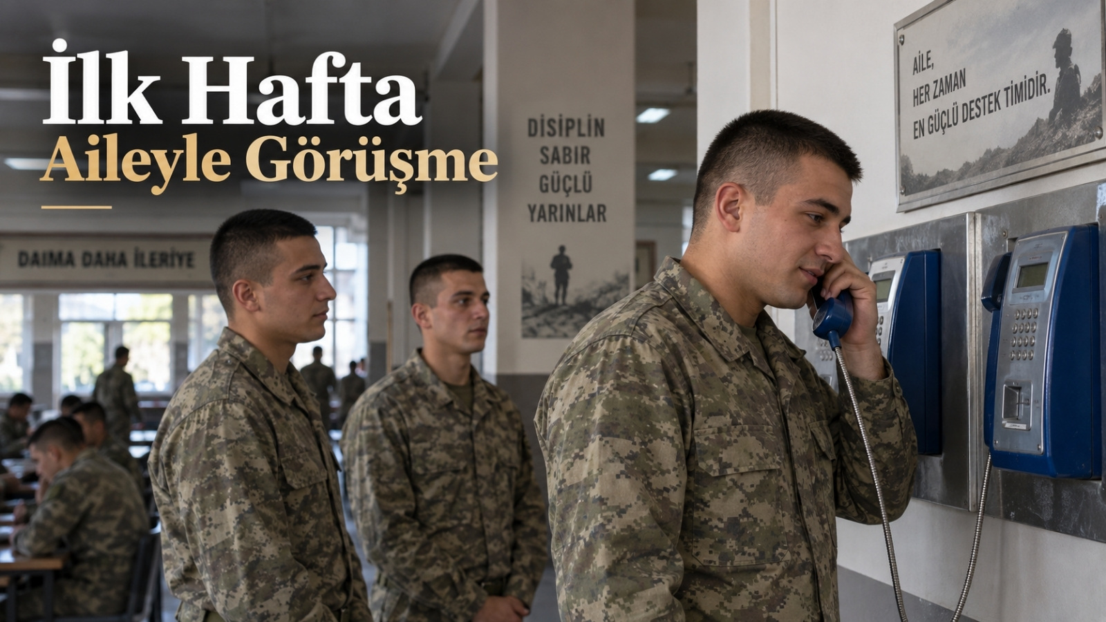 Acemiliğin ilk haftasında ankesörlü telefondan ailesiyle görüşmek için sırasını bekleyen askerlik yükümlülerini temsil eden gerçekçi editoryal görsel