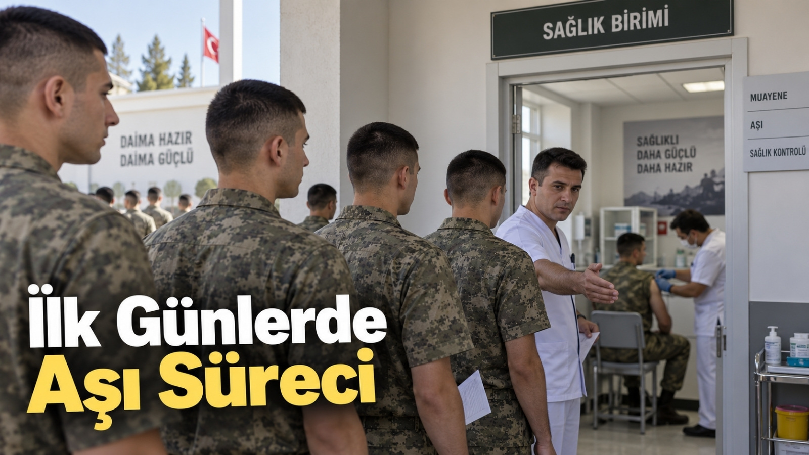 Askerliğin ilk günlerinde sağlık personelinin yönlendirmesiyle toplu aşı işlemi için sıra bekleyen rütbesiz askerlik yükümlülerini gösteren gerçekçi editoryal görsel