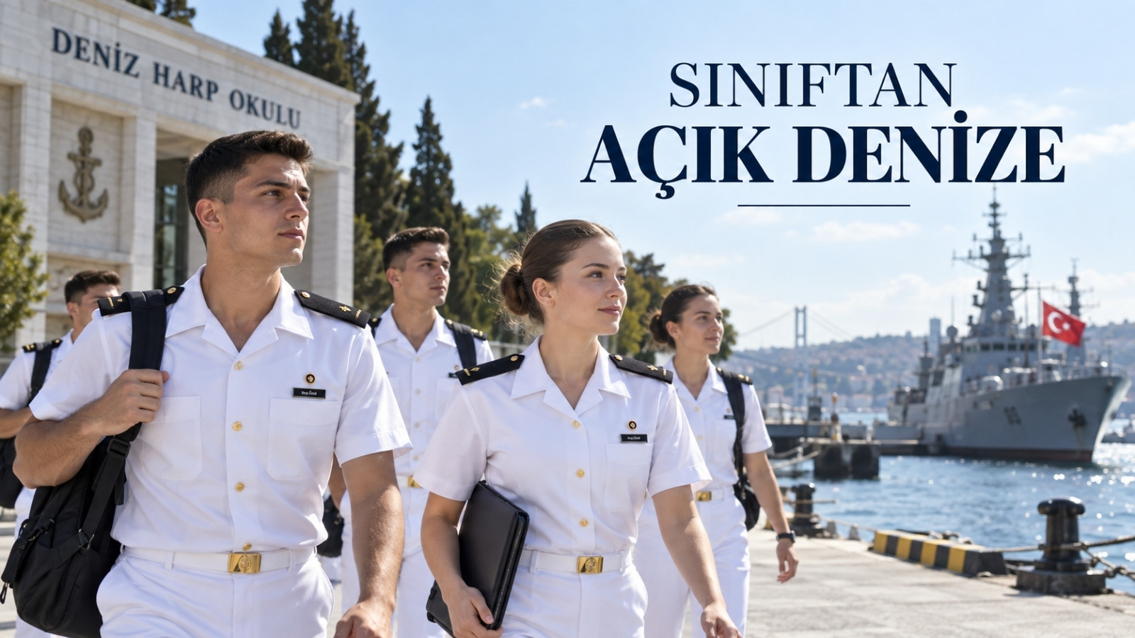 Deniz Harp Okulunda akademik ve askerî eğitim alan kadın ve erkek Harbiyeliler ile uygulamalı denizcilik eğitimini gösteren sahne