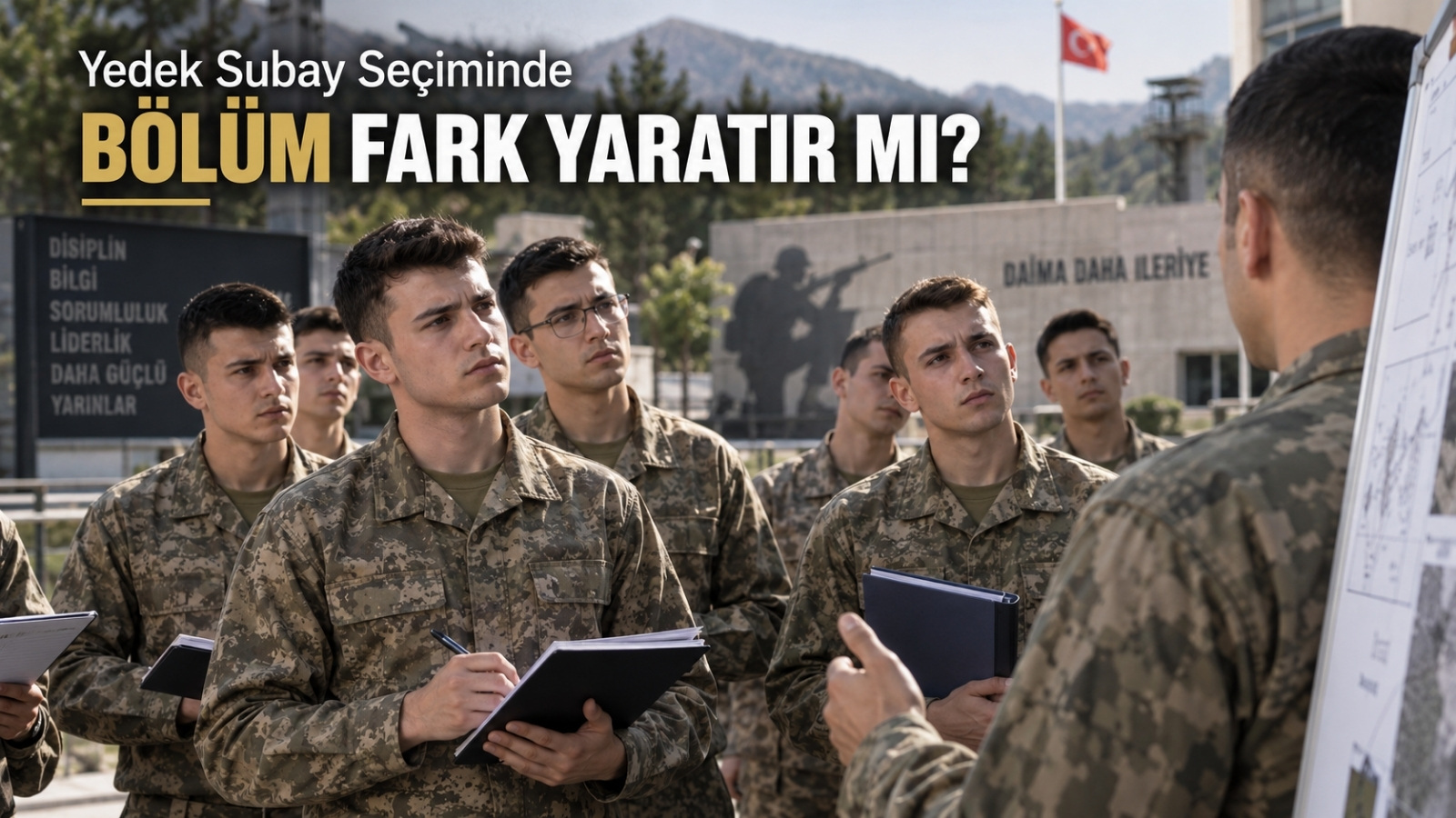 Yedek subay seçiminde üniversite bölümü etkisini anlatan kapak görselinde, TSK kamuflajlı genç askerler açık alandaki askerî brifing sırasında not alıyor ve eğitmeni dikkatle dinliyor.