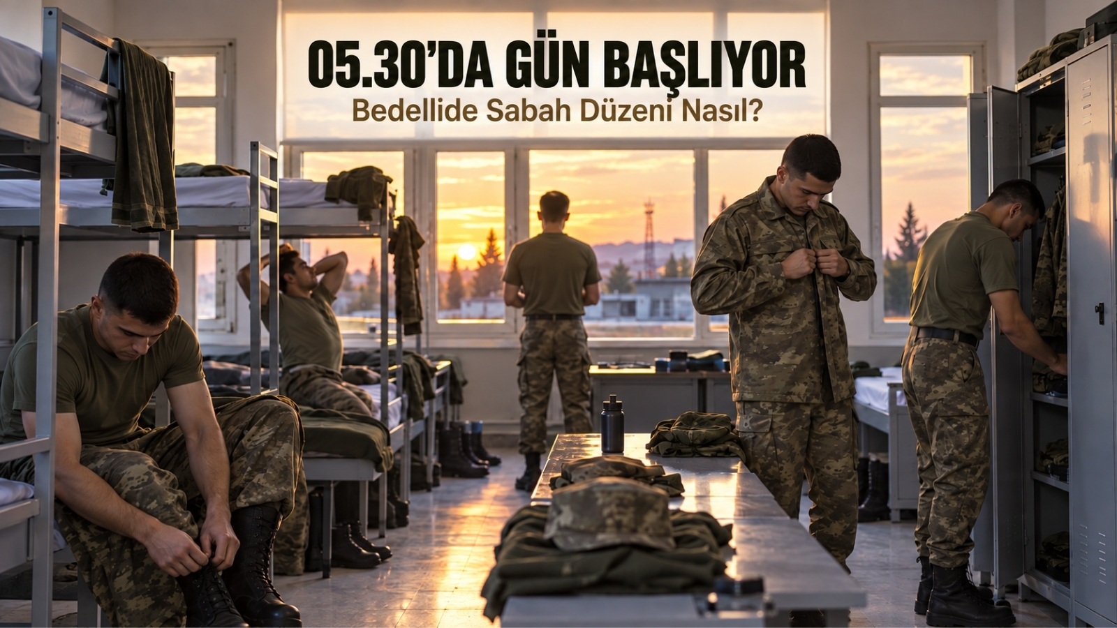 Bedelli askerlikte sabah içtiması öncesinde askerî koğuşta tıraş olup kamuflajlarını giyerek günlük hazırlıklarını tamamlayan rütbesiz askerler.