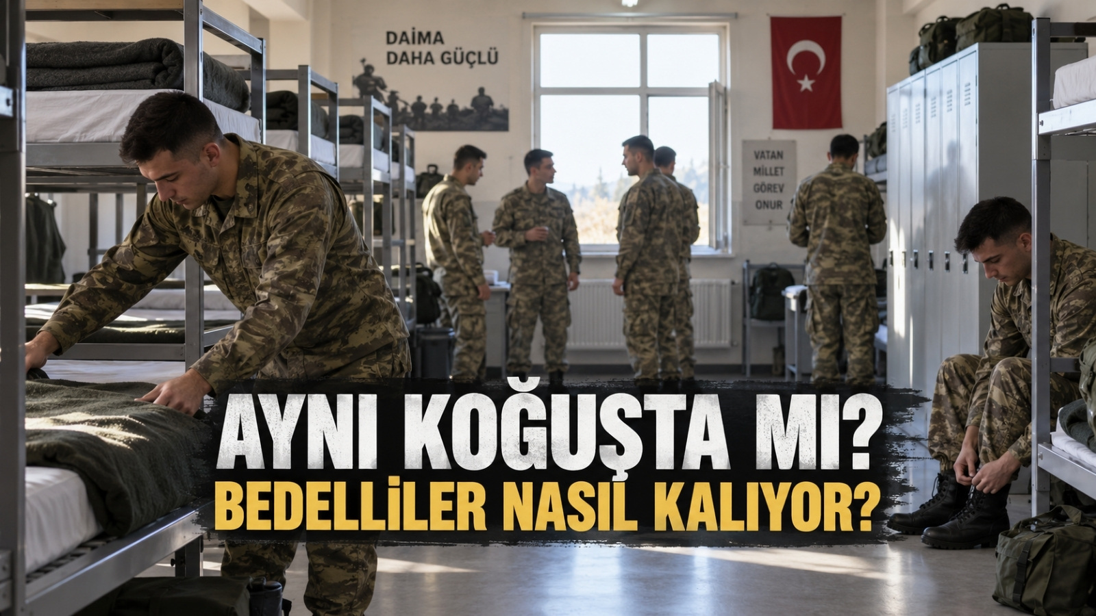 Bedelli askerlik temel eğitiminde rütbesiz kamuflajlı erlerin yatak ve dolapların bulunduğu askerî koğuşta günlük düzene hazırlandığı ortam