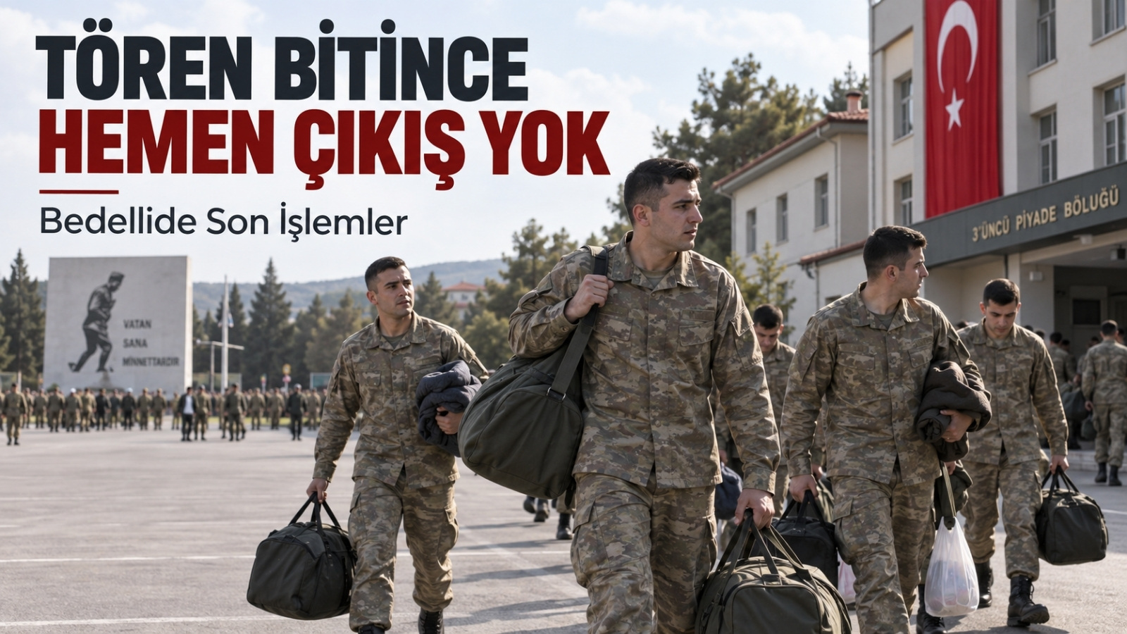 Bedelli askerlikte yemin töreni sonrasında tören alanından ayrılıp son işlemler için yürüyen rütbesiz askerler, ellerinde valiz ve çantalarla kışla içindeki birlik binasına doğru ilerliyor.