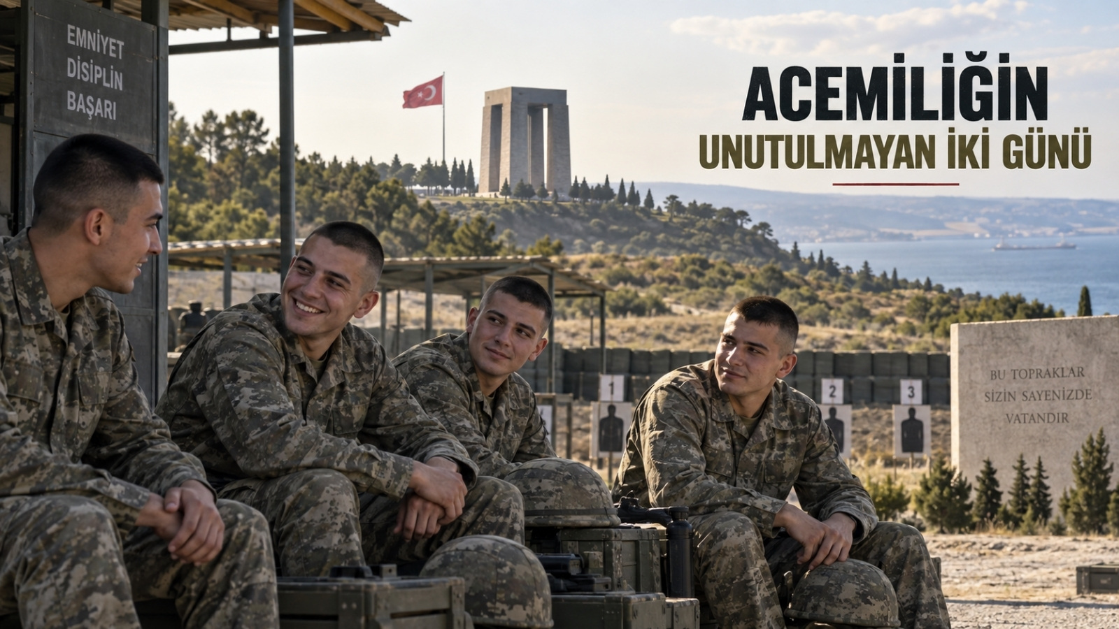 Çanakkale’de acemi birliğinin atış eğitimi ve Şehitler Abidesi gezisini temsil eden rütbesiz askerler.