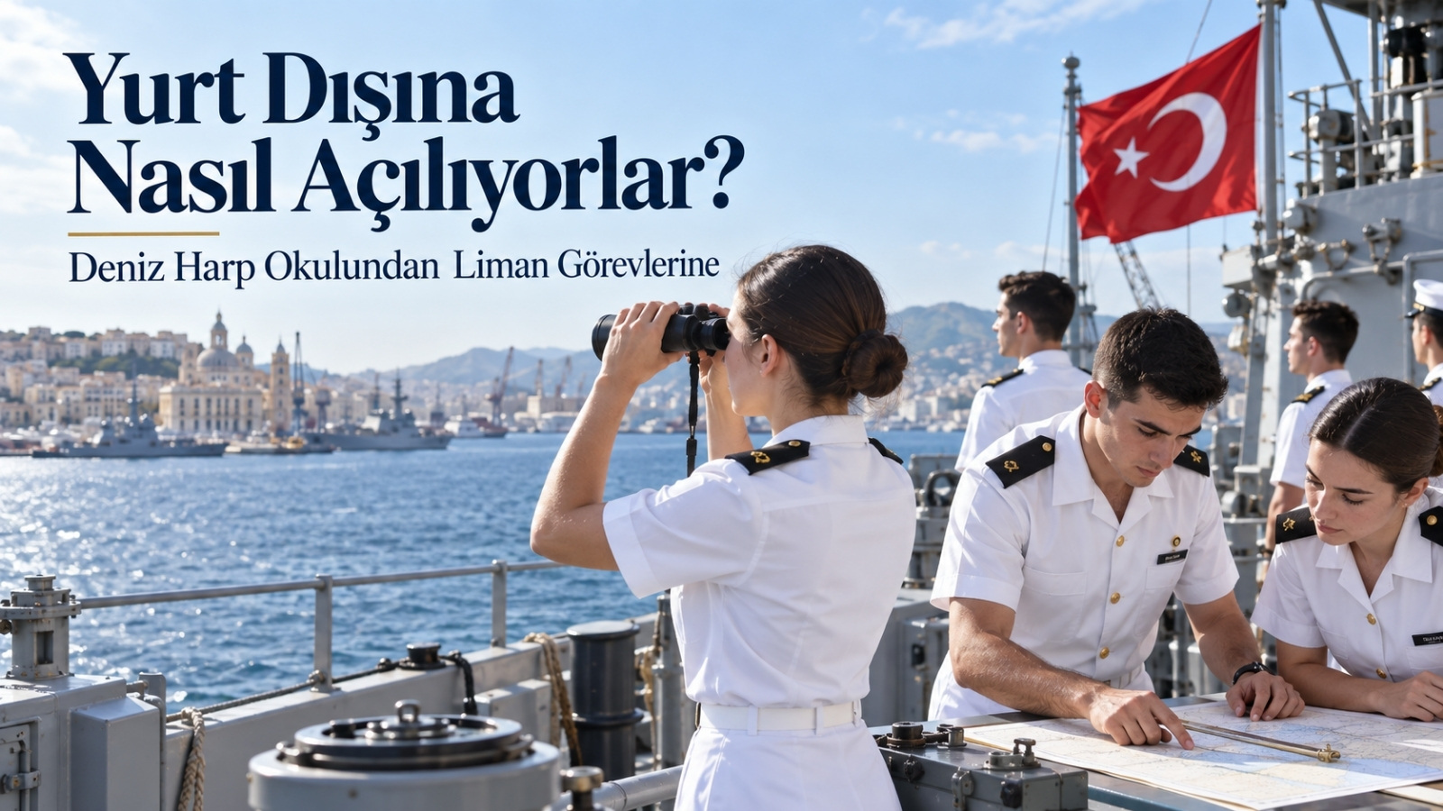 Deniz Harp Okulu öğrencileri askerî gemi güvertesinde yabancı limana yaklaşırken yurt dışı görev ve liman ziyaretlerini temsil eden kapak görseli