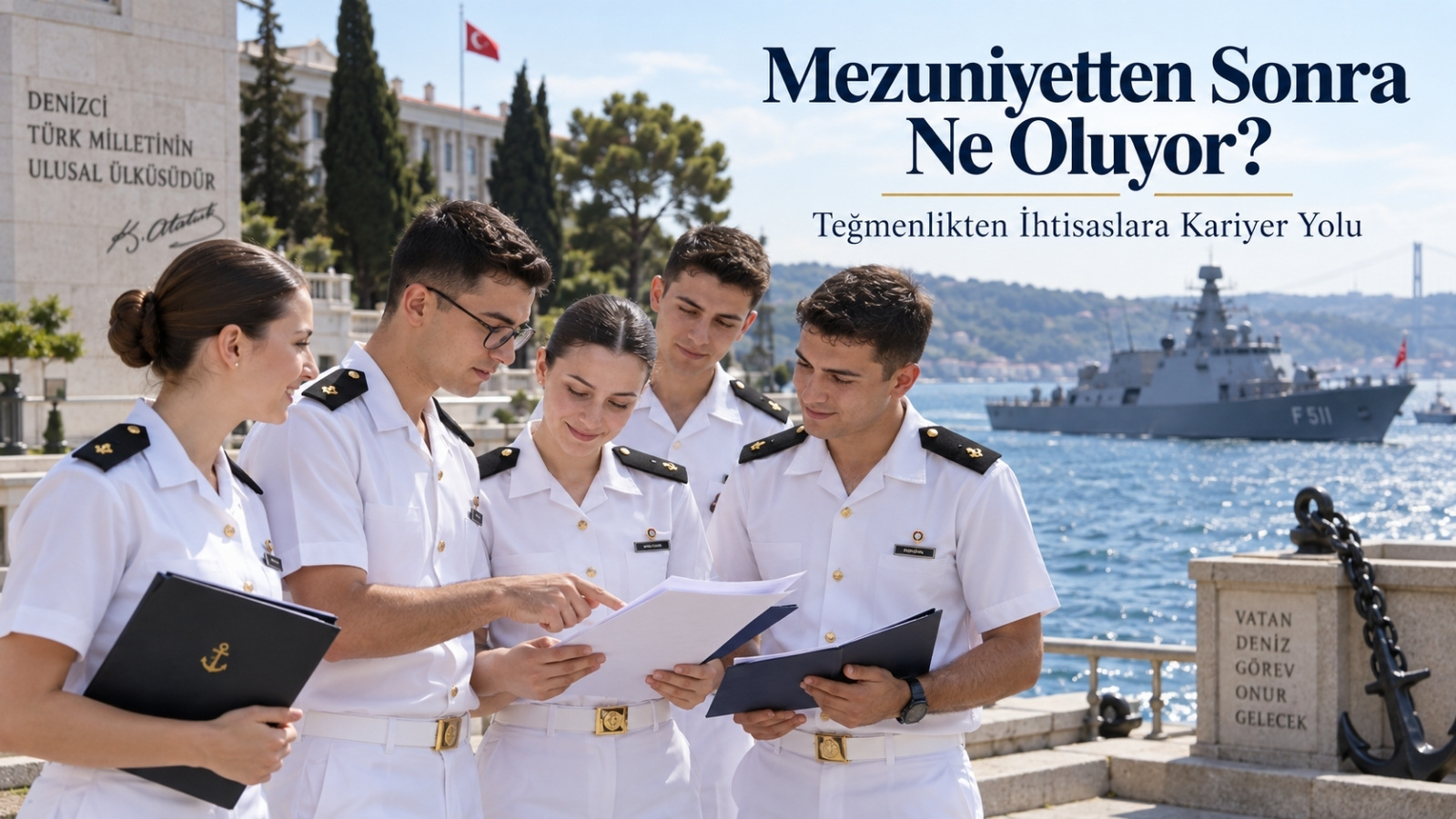 Deniz Harp Okulu öğrencileri mezuniyet ve görev belgelerini incelerken, arkada Türk Deniz Kuvvetlerine ait askerî gemi görülüyor