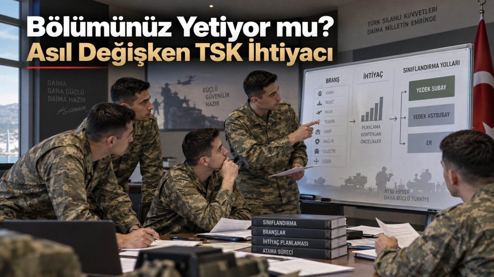 Yedek subay ve yedek astsubay seçiminde bölüm, TSK ihtiyacı ve sınıflandırma sürecini anlatan askerî değerlendirme sahnesi.