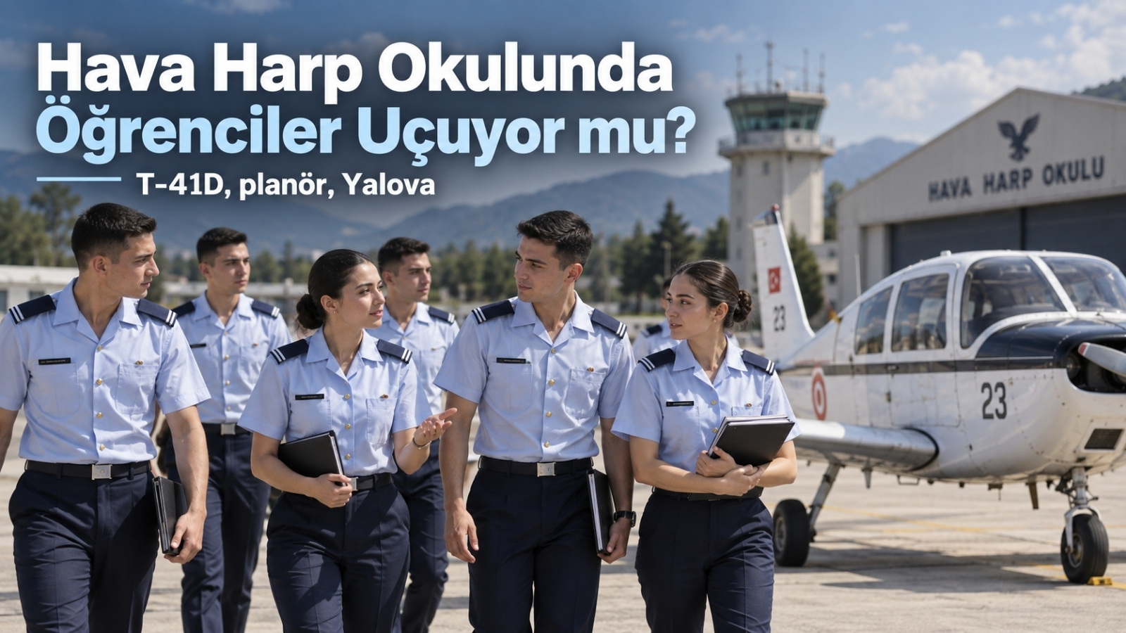 Hava Harp Okulu uçuş eğitim alanında açık mavi öğrenci üniformasıyla yürüyen kadın ve erkek Harbiyeliler; arka planda T-41D eğitim uçağı, kule ve okul binası görülüyor