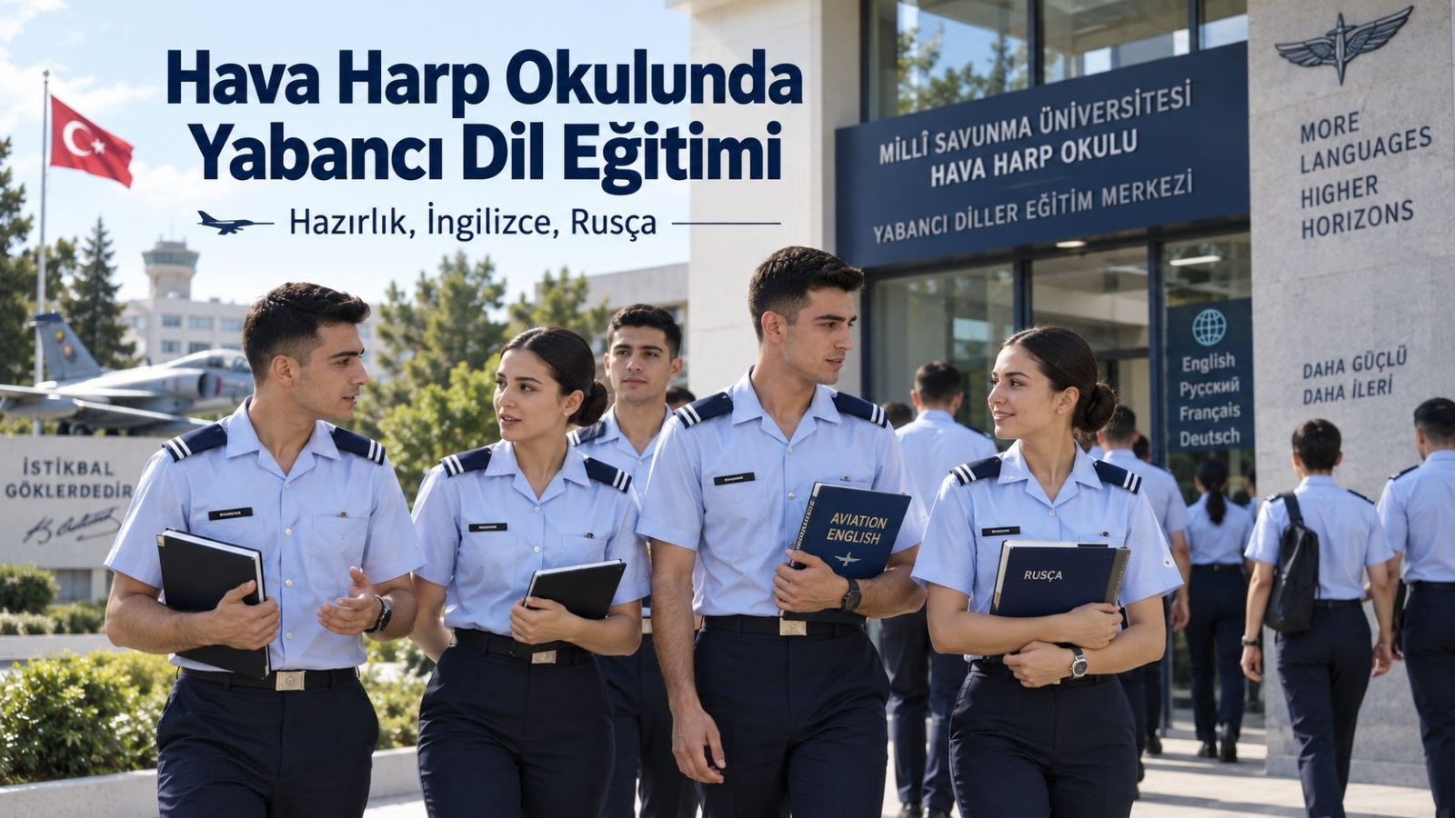 Hava Harp Okulu yabancı dil eğitim merkezinde İngilizce ve Rusça ders materyalleri taşıyan kadın ve erkek Harbiyeliler; arka planda okul binası ve havacılık unsurları