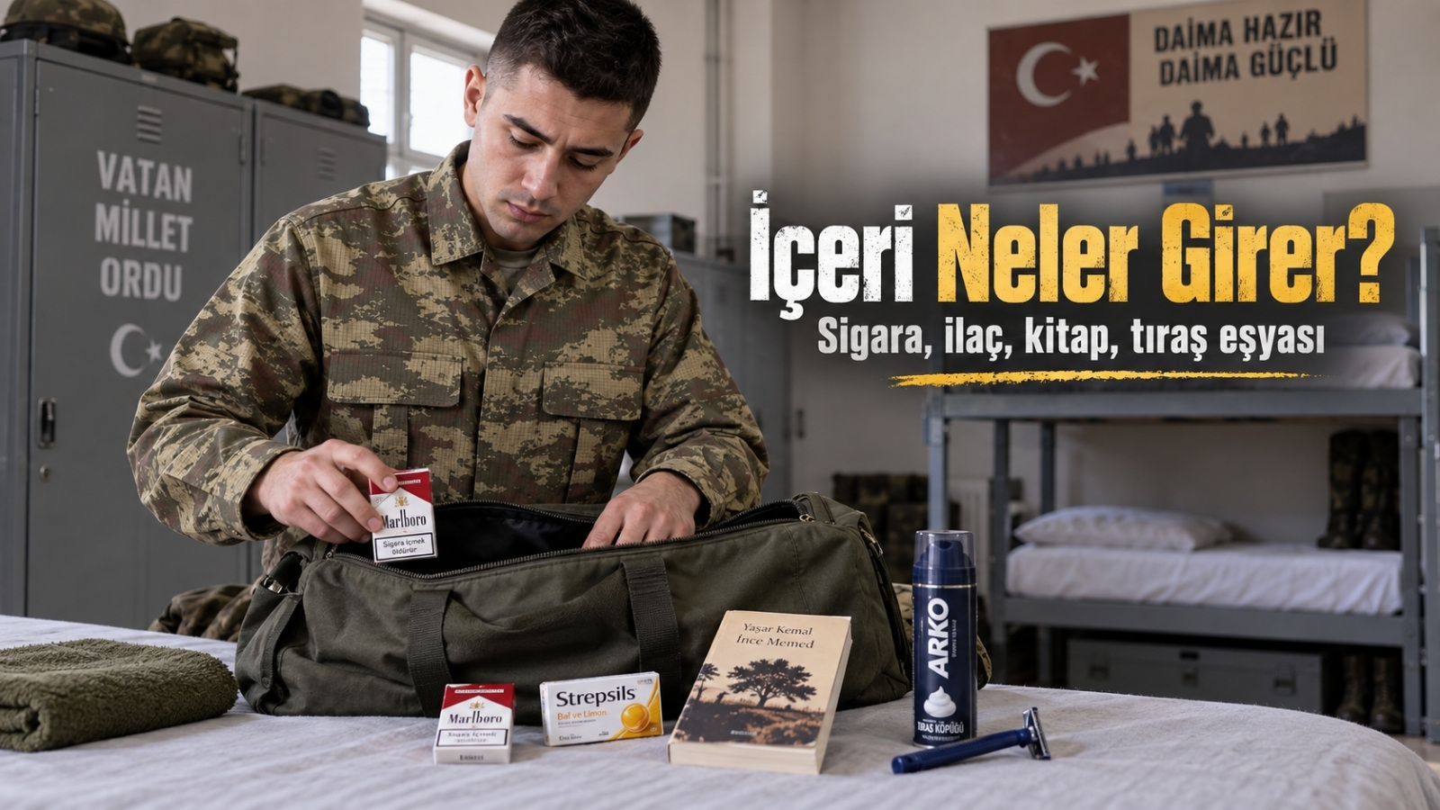Askere giderken sigara, ilaç, kitap ve tıraş malzemelerinin kışlaya götürülüp götürülemeyeceğini anlatan hazırlık sahnesi.