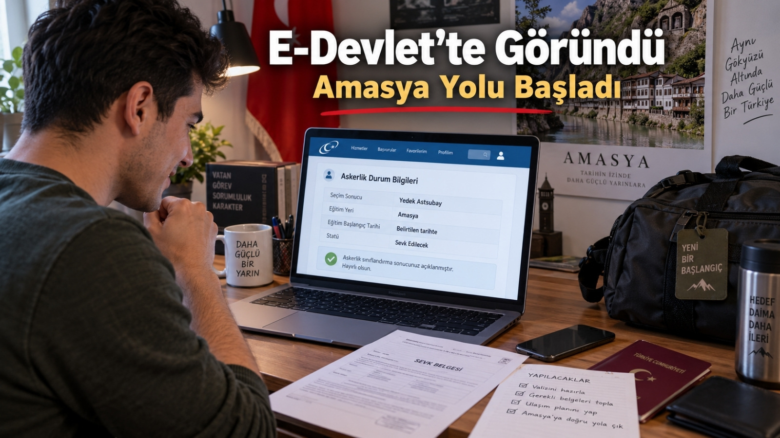 E-Devlet üzerinden yedek astsubay sonucunu kontrol eden genç yükümlü ve Amasya eğitim yeri bilgisini gösteren hazırlık sahnesi.