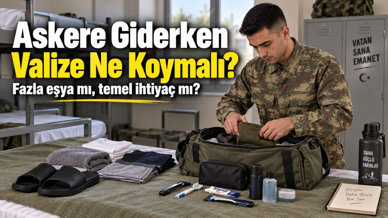Askere giderken valizini hazırlayan bir erin temel ihtiyaçlarını yatağın üzerine düzenli şekilde yerleştirdiği sahne.