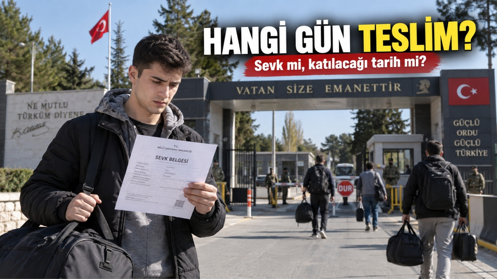 Sevk belgesindeki sevk ve katılış tarihini kontrol ederek birliğe teslim olmaya hazırlanan asker adayı.
