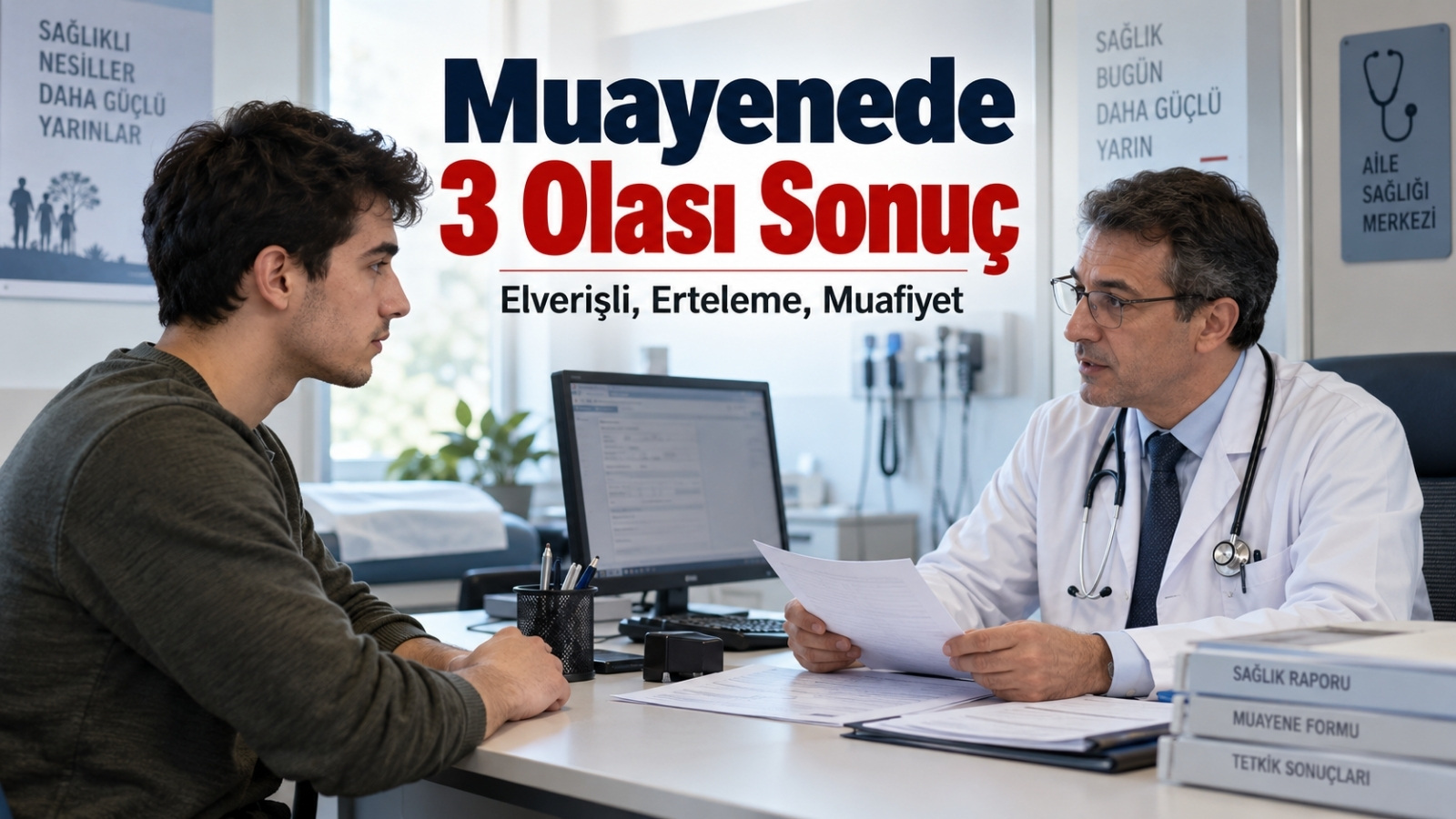 Askerlik sağlık muayenesinde doktor değerlendirmesi ve muayene sonucunda çıkabilecek üç farklı karar sürecini anlatan sahne.
