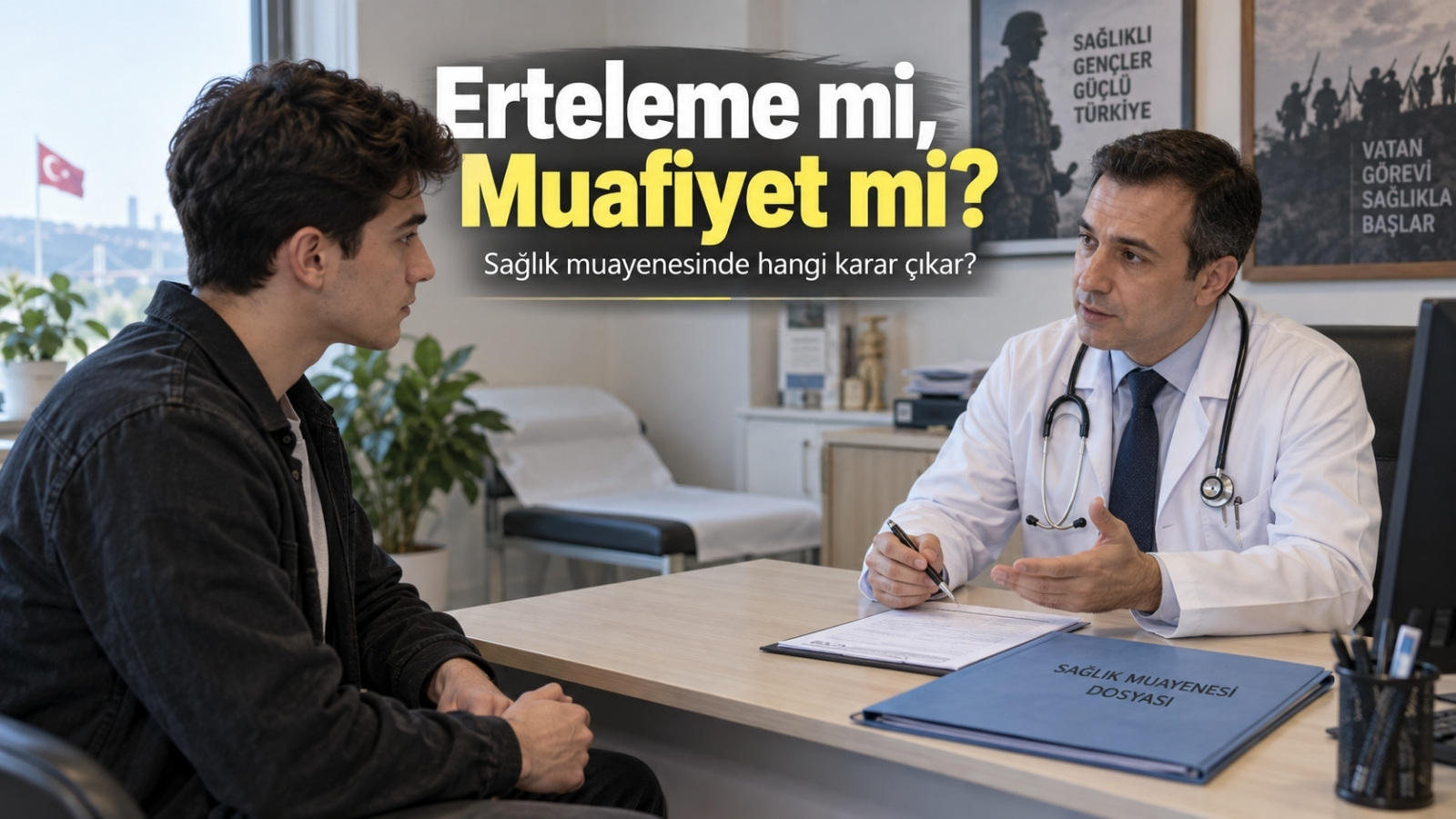 Askerlik sağlık muayenesinde geçici erteleme veya muafiyet kararının değerlendirildiği doktor görüşmesi.