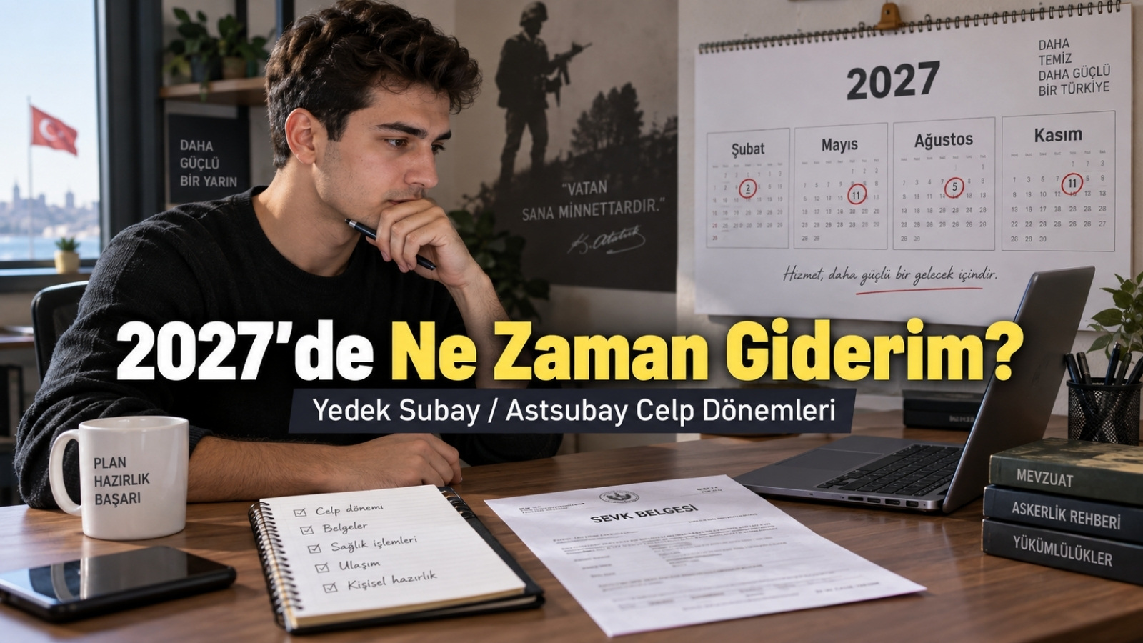 2027 yedek subay ve yedek astsubay celp dönemlerini, Şubat, Mayıs, Ağustos ve Kasım seçenekleri üzerinden planlayan asker adayı.