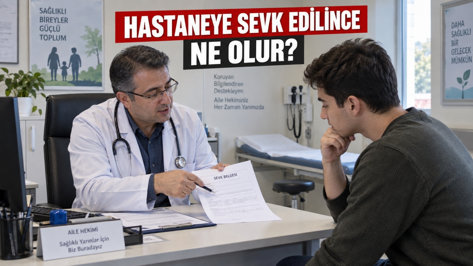 Aile hekimliği muayenesinde doktorun askerlik sağlık süreci hakkında sevk belgesi üzerinden bilgilendirme yaptığı sahne.