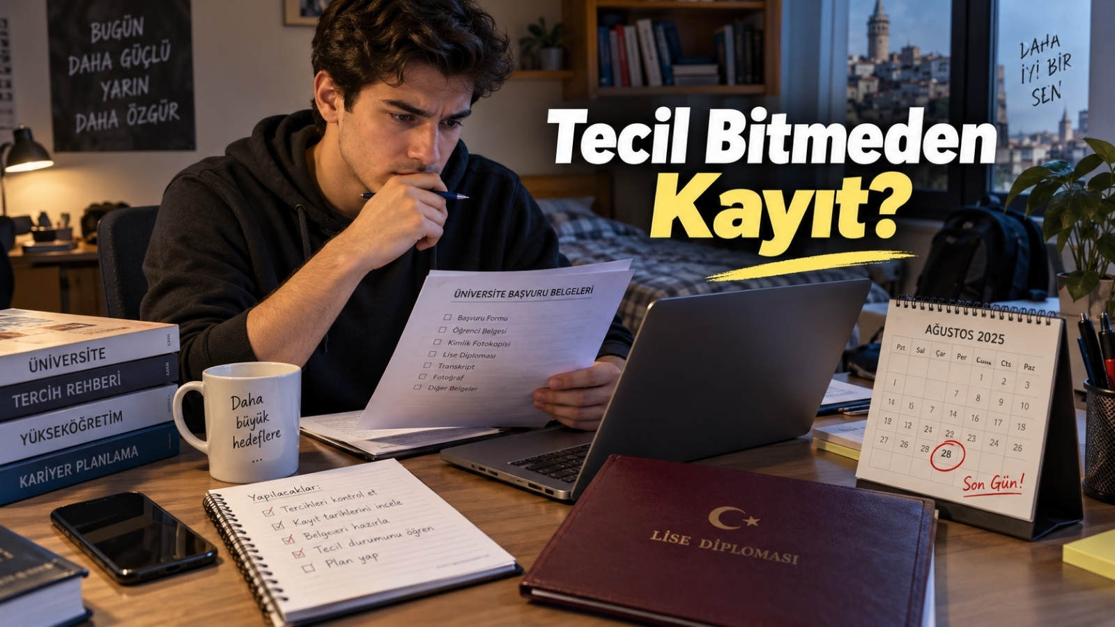 Üniversite başvuru belgeleri, lise diploması ve takvim arasında tecil süresi dolmadan yeni programa kayıt planlayan genç.