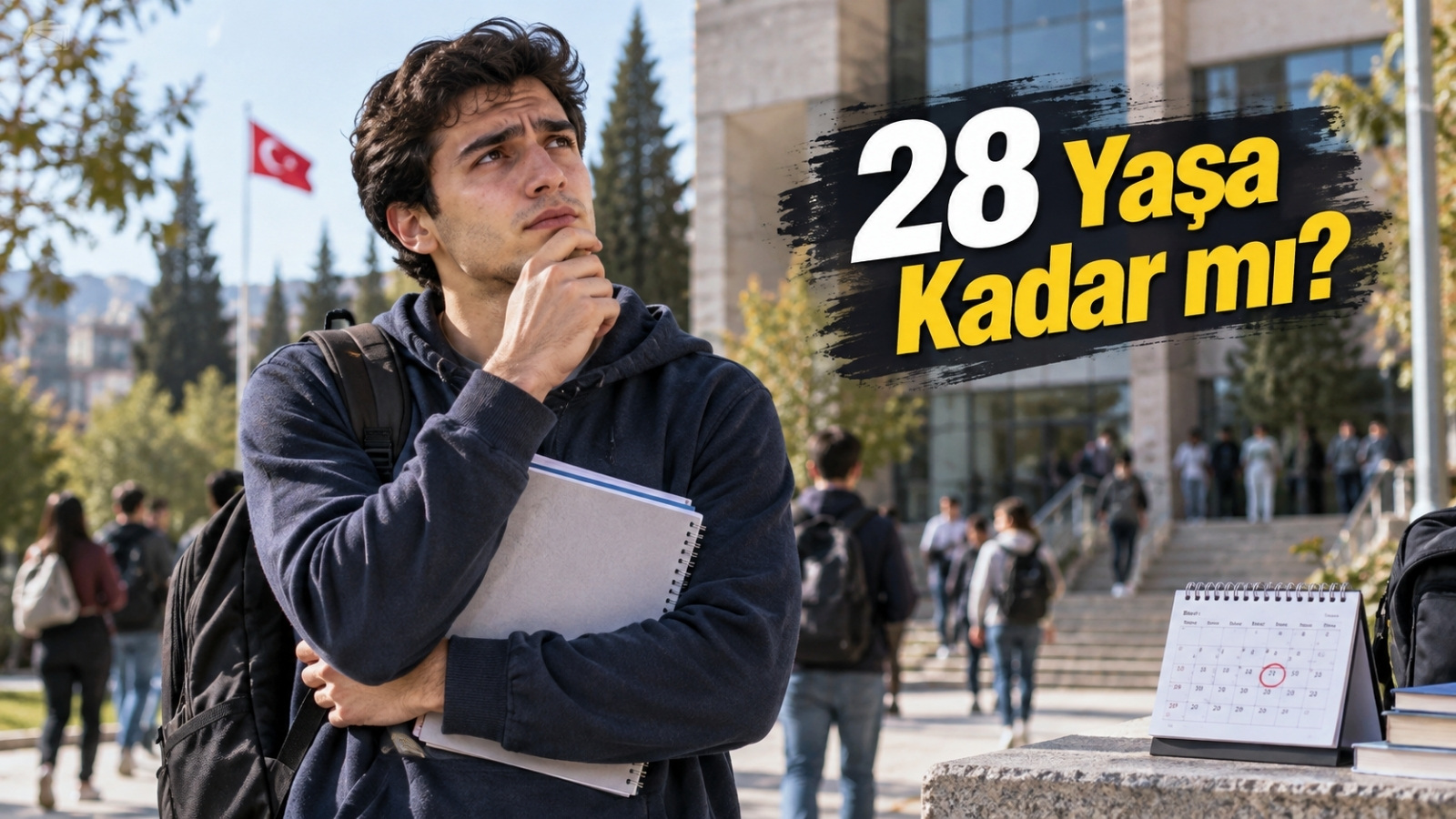 Kampüs girişinde ders notlarını elinde tutarken 28 yaş sınırını düşünen ön lisans öğrencisi.