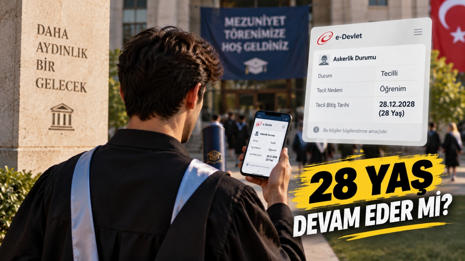 Üniversite kampüsünde telefonundan askerlik durumunu kontrol ederken mezuniyet belgesini taşıyan öğrenci.