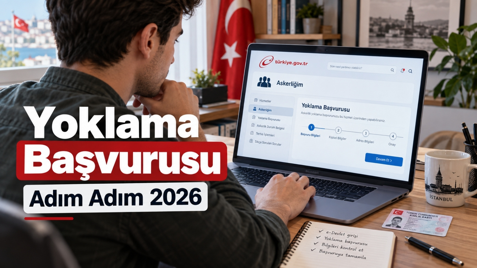 E-Devlet üzerinden askerlik yoklama başvurusu yapan genç adayın, bilgisayar başında başvuru adımlarını incelediği rehber kapak görseli.