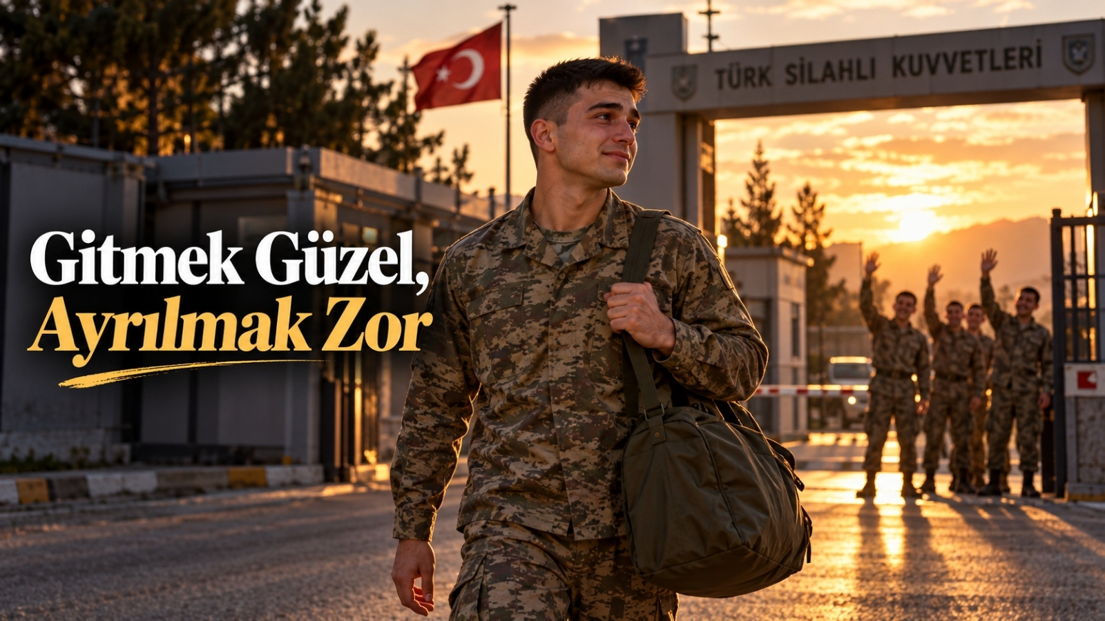 Terhis çantasıyla kışla kapısından ayrılırken geride kalan arkadaşlarına dönüp bakan asker.