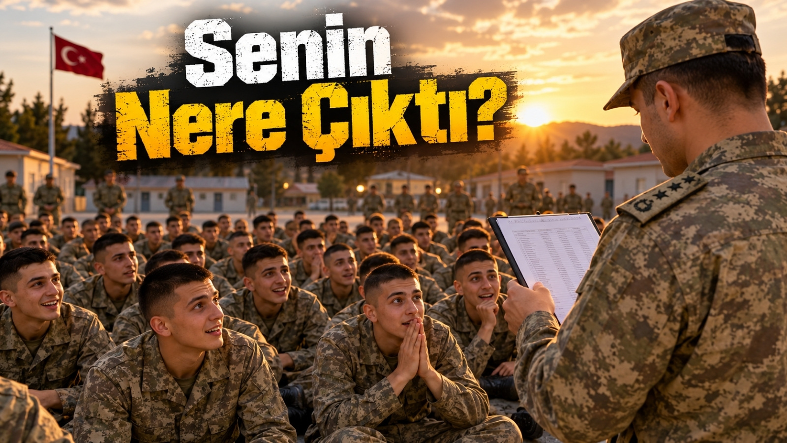 Kışla avlusunda görev yerleri okunurken kendi ismini ve usta birliğini merakla bekleyen acemi askerler.