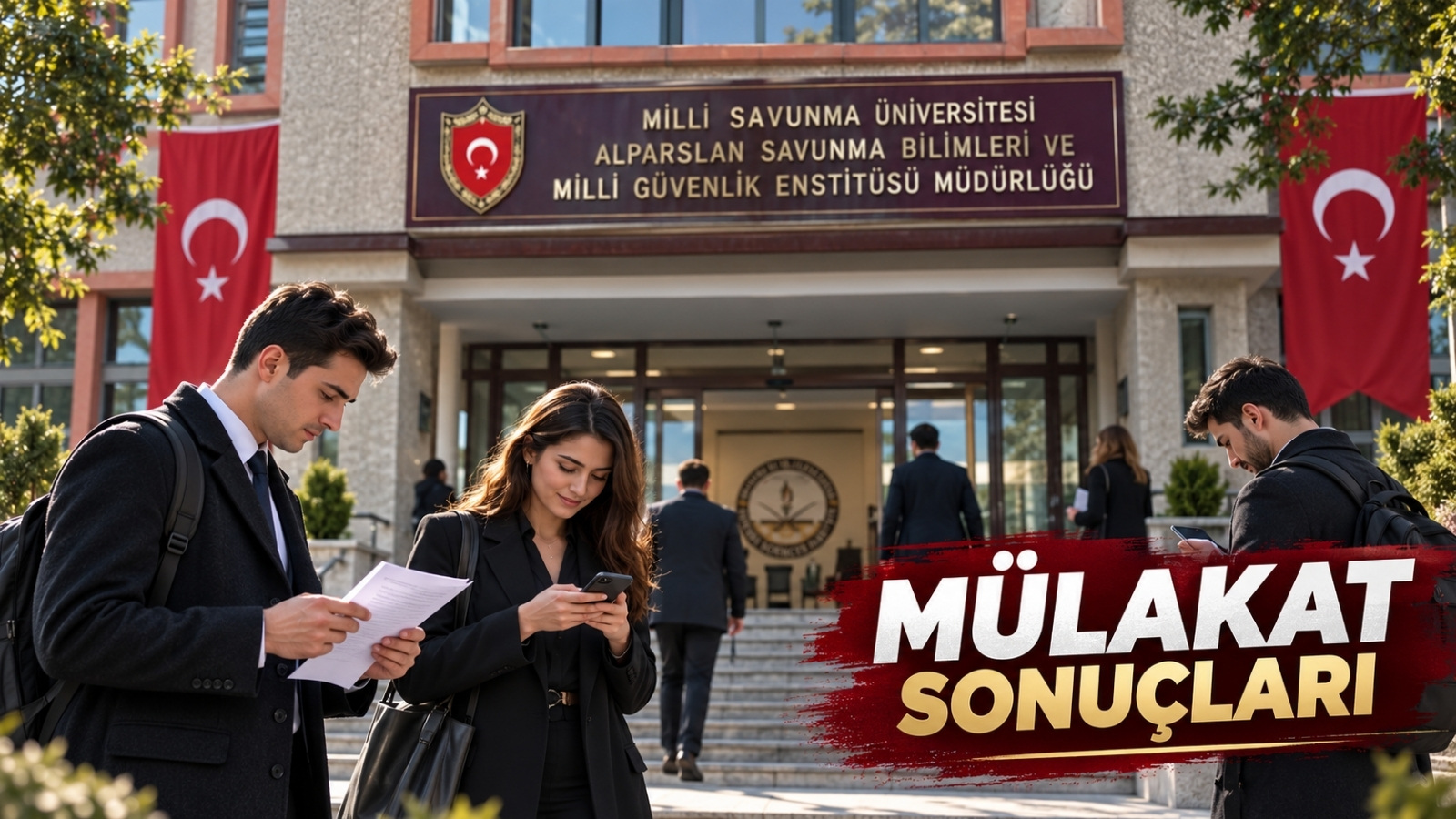 Millî Savunma Üniversitesi Alparslan Savunma Bilimleri ve Millî Güvenlik Enstitüsü girişinde mülakat sonucunu kontrol eden adaylar.
